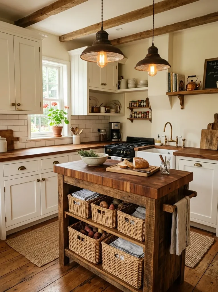 Compact farmhouse kitchen featuring a slim butcher block island with basket storage and rustic pendant lights.