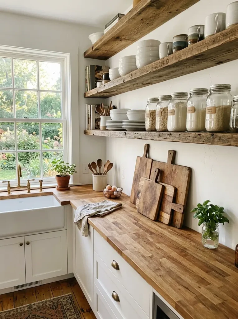 Cozy small farmhouse kitchen with reclaimed wood open shelves, white dishes, mason jars, and cutting boards.
