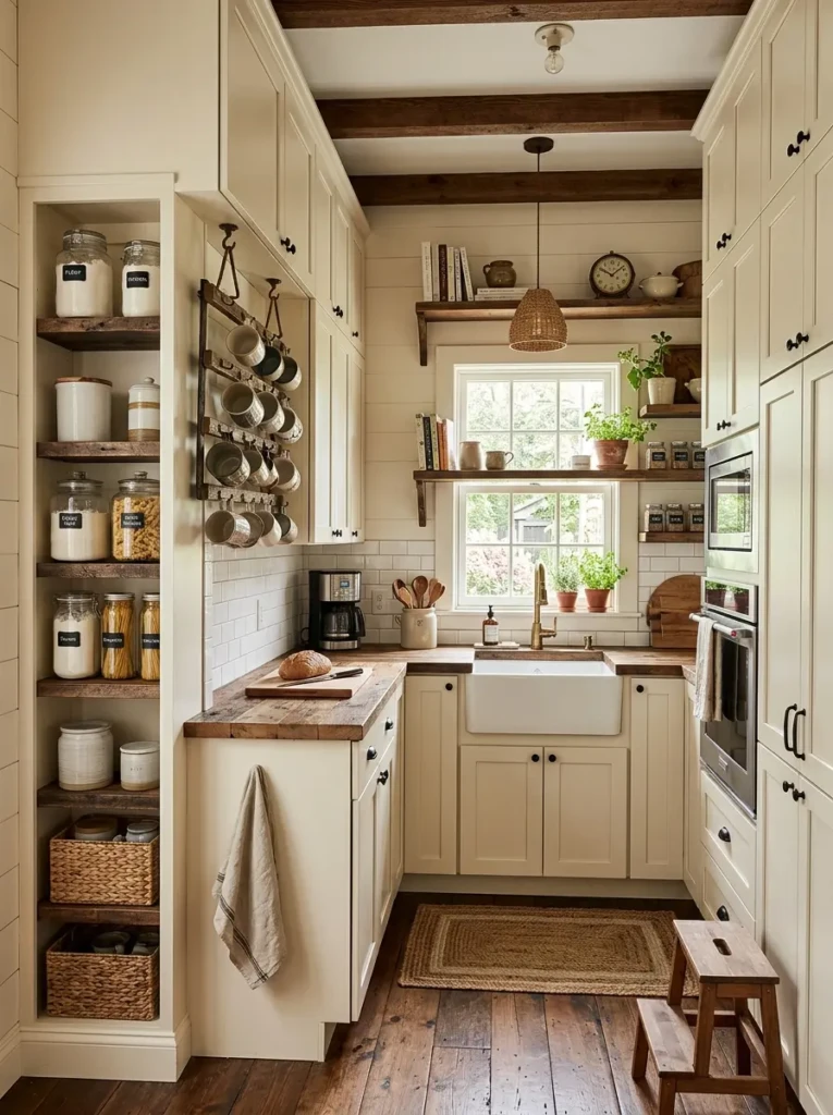 Small farmhouse kitchen with ceiling-height cabinets, tall pantry shelves, hanging mugs, and smart vertical storage.