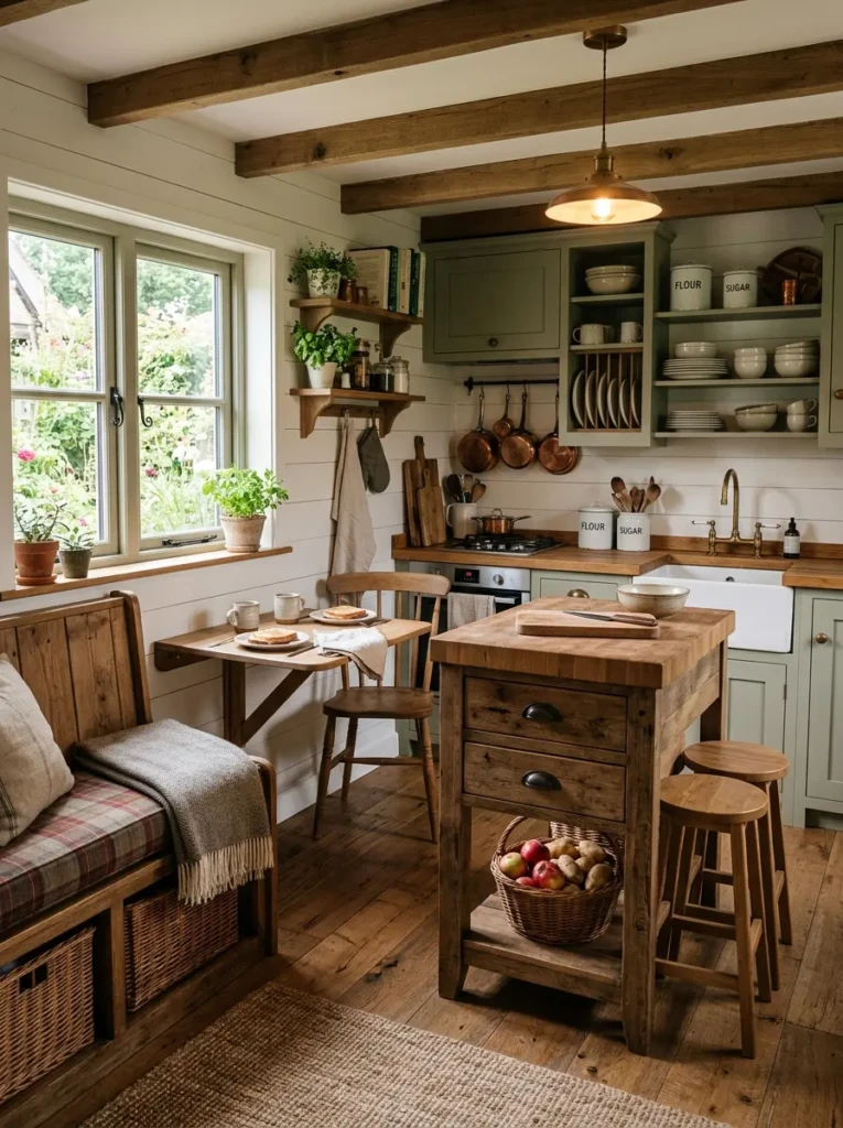 Compact farmhouse kitchen with storage bench, foldable table, and island seating with built-in drawers.