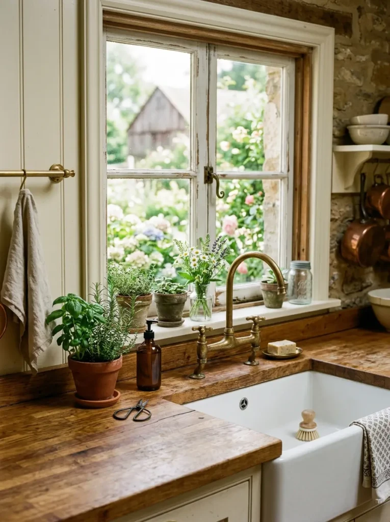 Small farmhouse kitchen featuring a white apron-front sink, brass faucet, butcher block counter, and herb decor.