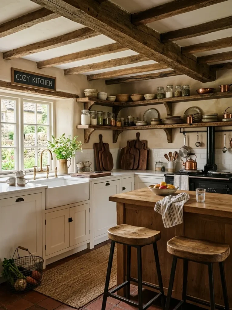Small farmhouse kitchen with reclaimed wood shelves, oak stools, walnut boards, and rustic ceiling beams.