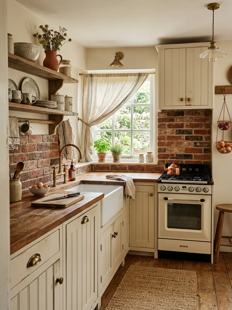 Small farmhouse kitchen with beadboard cabinets, rustic brick backsplash, brass handles, and linen curtains.