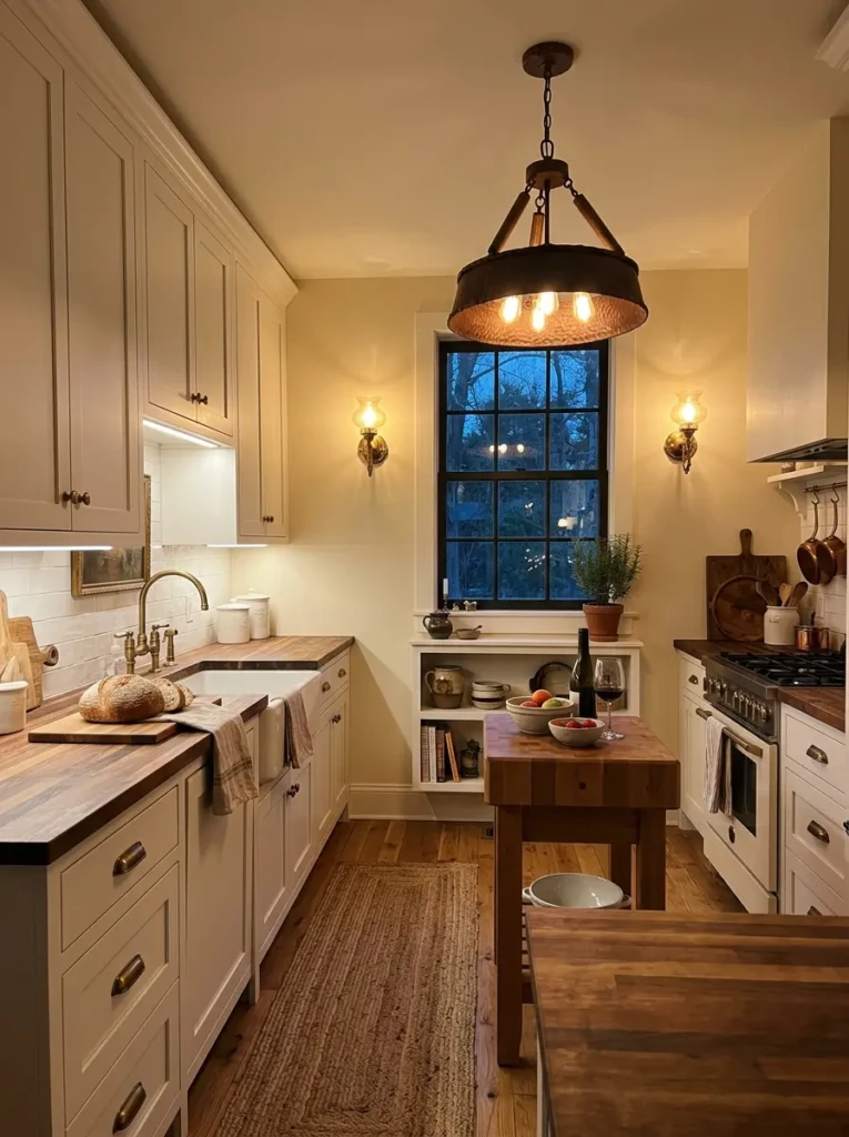 Small farmhouse kitchen with pendant lights, under-cabinet LEDs, warm sconces, and a cozy evening glow.