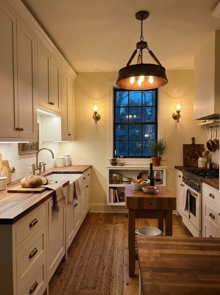 Small farmhouse kitchen with pendant lights, under-cabinet LEDs, warm sconces, and a cozy evening glow.