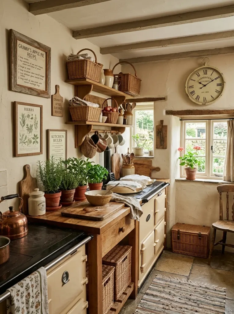 Warm farmhouse small kitchen with woven baskets, fresh herbs, framed recipe art, and vintage wall clock.
