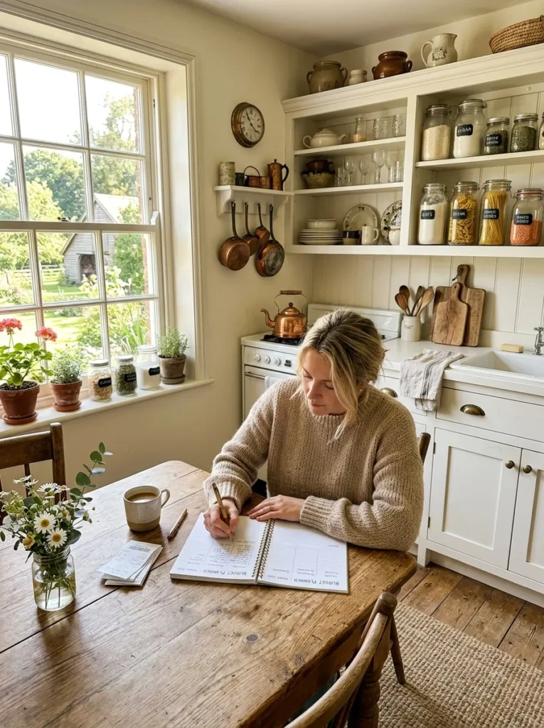 Rustic small farmhouse kitchen with budget notebook, white cabinets, wooden table, and warm natural lighting.