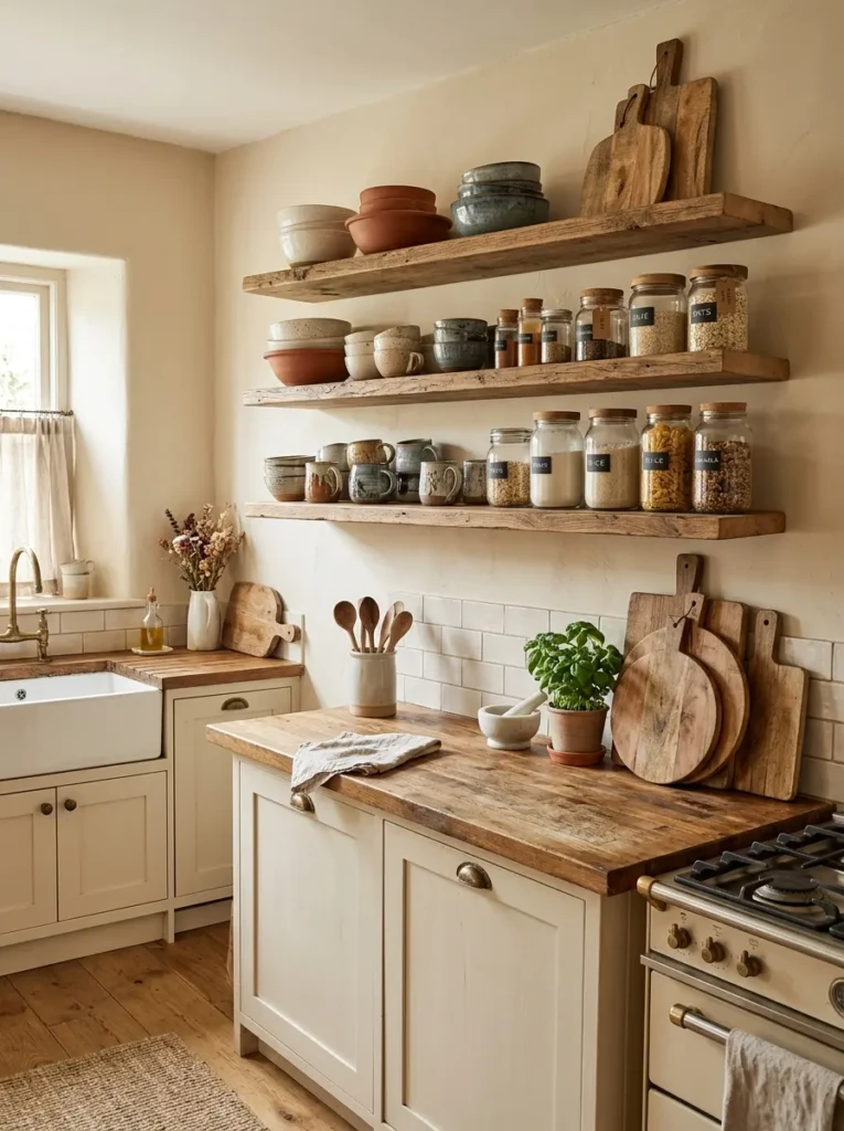 Floating wooden shelves in a small farmhouse kitchen holding bowls, mugs, jars, and cutting boards.