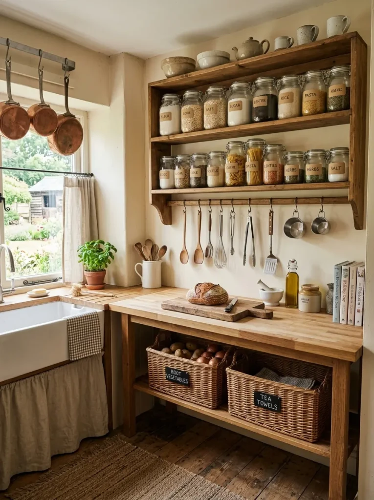 Small farmhouse kitchen with labeled jars, hanging utensils, baskets, and open wooden shelves.