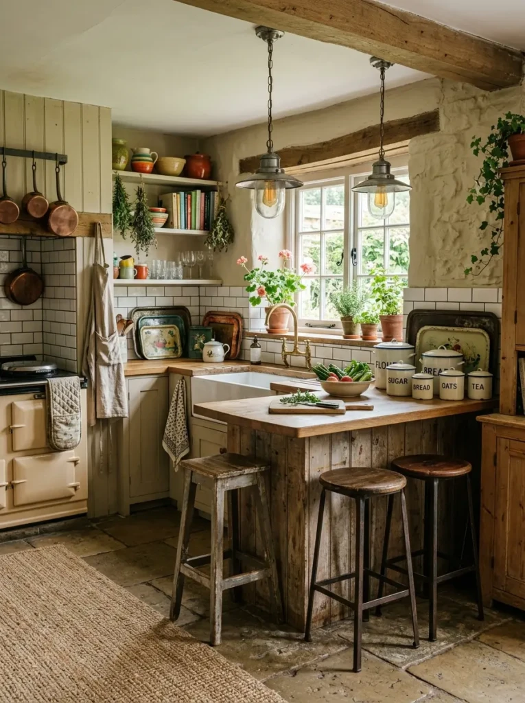 Small farmhouse kitchen styled with antique trays, vintage stools, and enamel containers.