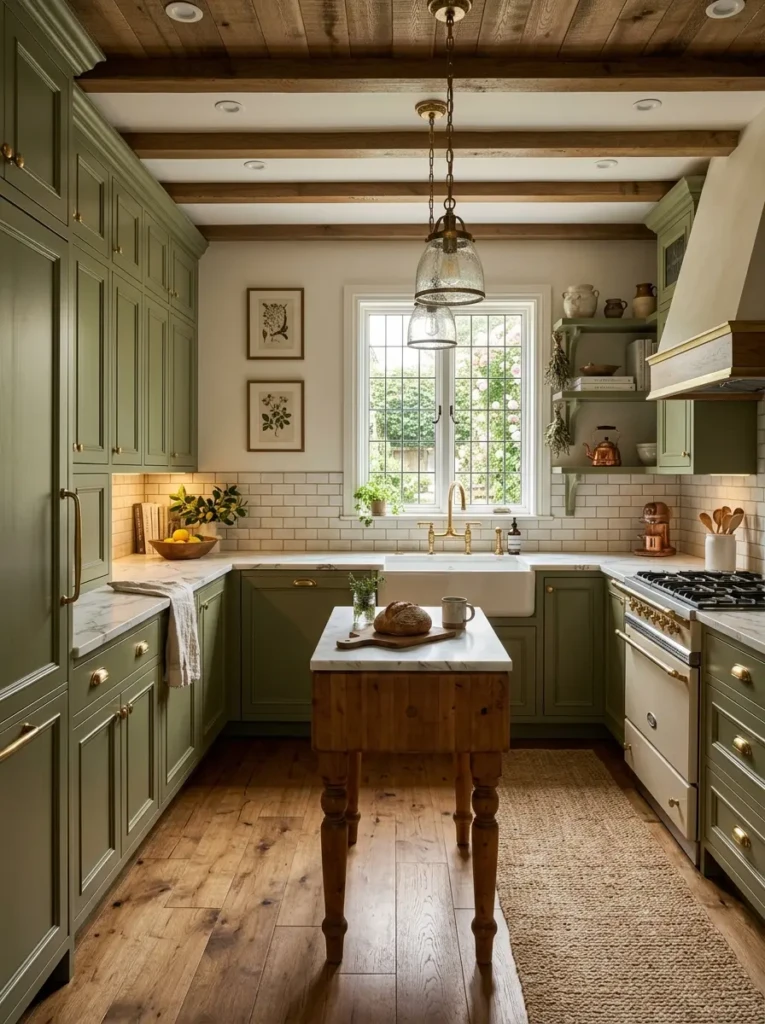 Elegant farmhouse kitchen with tall cabinets, stylish hardware, and layered lighting details.