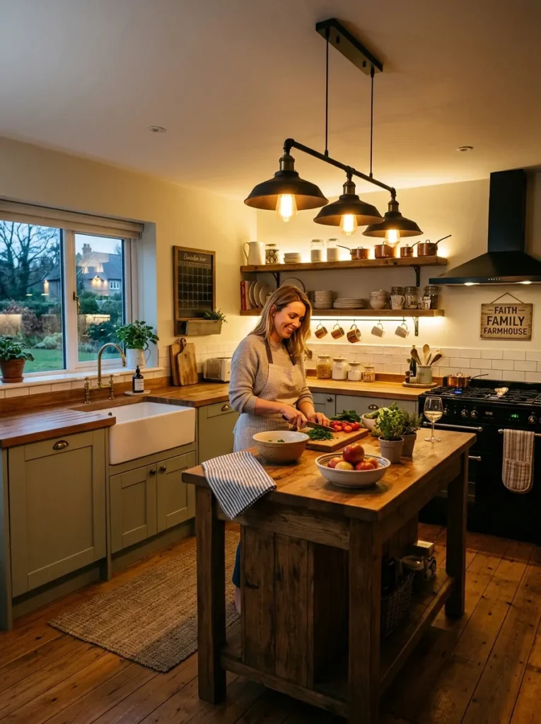 Small farmhouse kitchen with black pendant lights and warm under-shelf LED lighting.