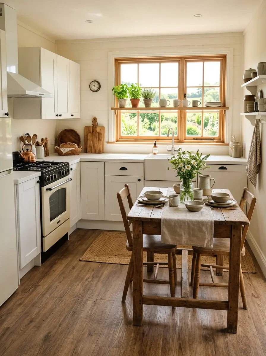 Small farmhouse kitchen with wood-look vinyl plank flooring and rustic table.