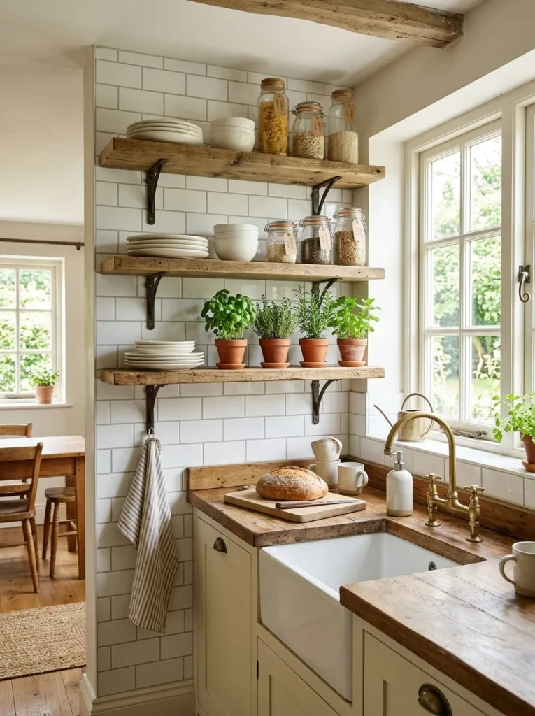 Airy farmhouse kitchen with open wooden shelves, ceramic dishes, glass jars, and small herbs.