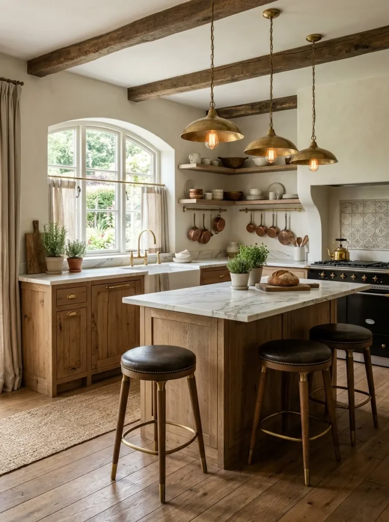 Kitchen ideas modern luxury style with brass handles, marble counters, and rustic farmhouse cabinets.