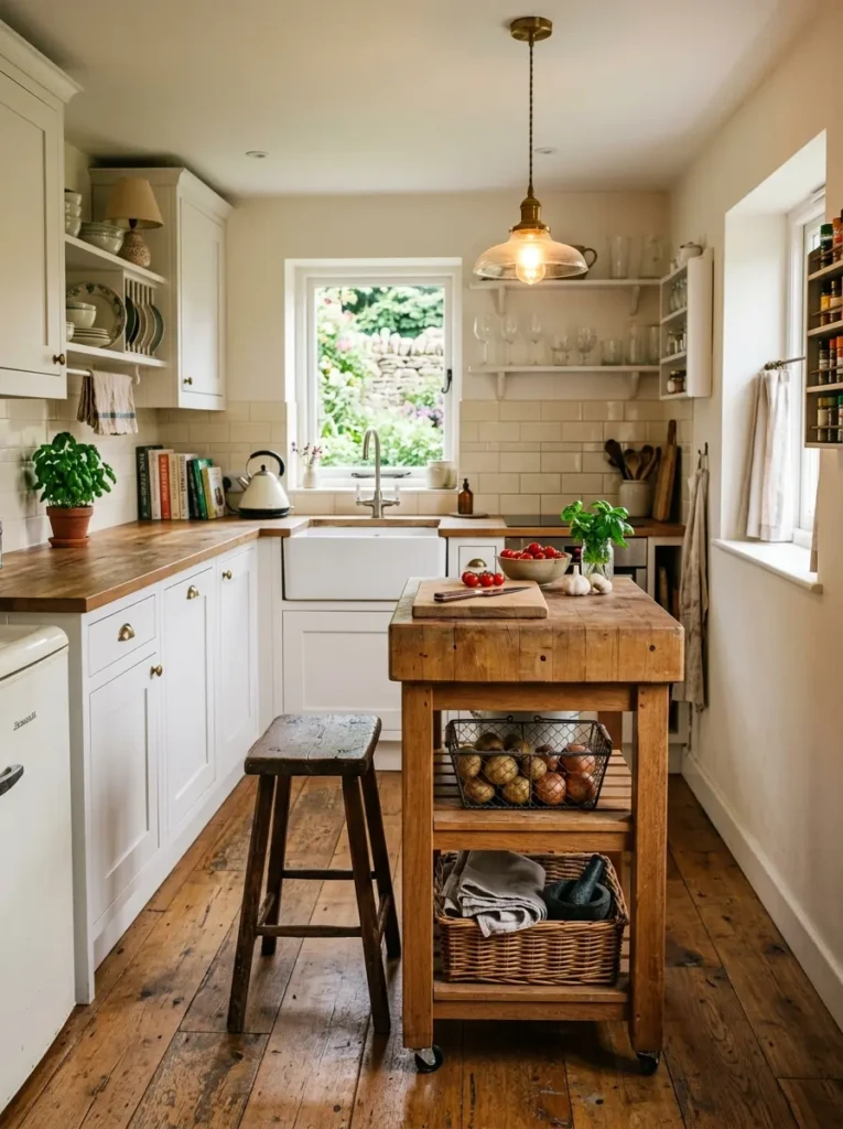 Compact farmhouse kitchen with butcher block island trolley and practical lower shelf storage.