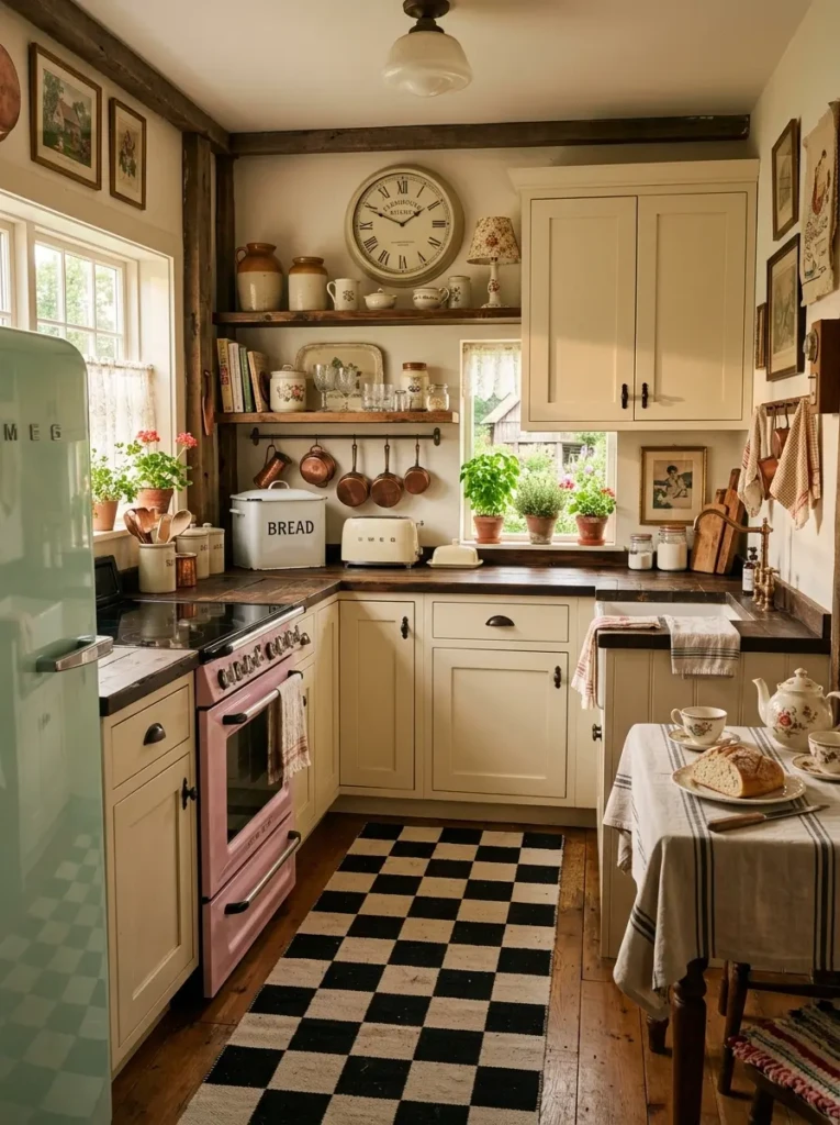 Retro kitchen ideas featuring pastel appliances, vintage wall clock, and checkerboard farmhouse accents.