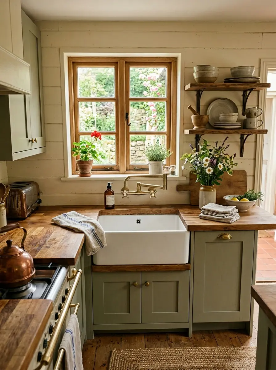 Compact farmhouse kitchen with apron-front sink, wood countertops, and cozy rustic styling.