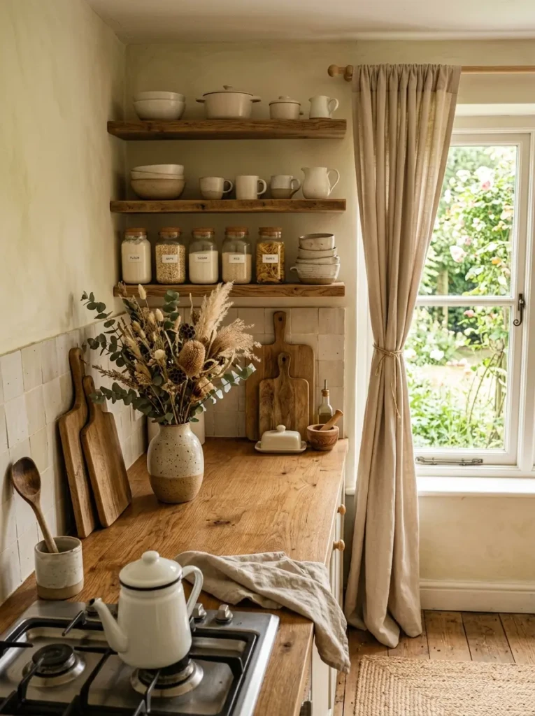 Aesthetic kitchen ideas with matching jars, oak boards, linen curtains, and neutral rustic decor.