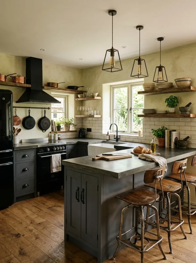 Concrete kitchen ideas with rustic wood shelves, black iron hardware, and warm farmhouse lighting.