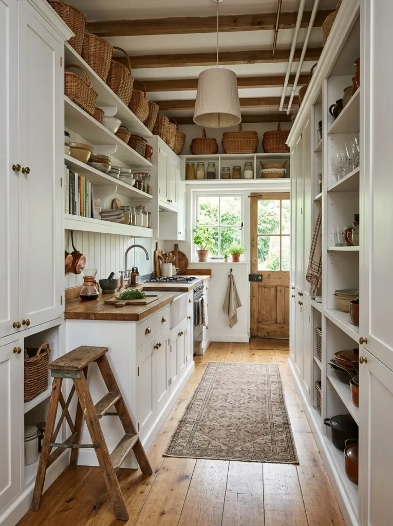 Small farmhouse kitchen with ceiling-height cabinets, upper baskets, and efficient vertical storage.