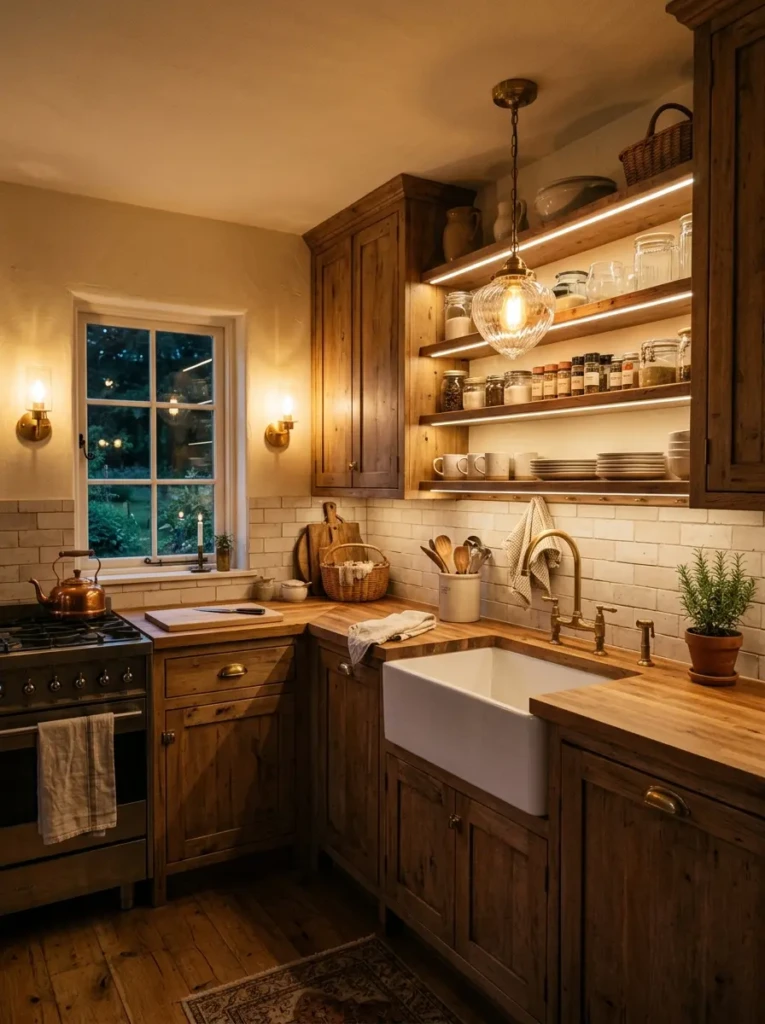 Small farmhouse kitchen with pendant lights, LED shelf lighting, and warm evening ambiance.