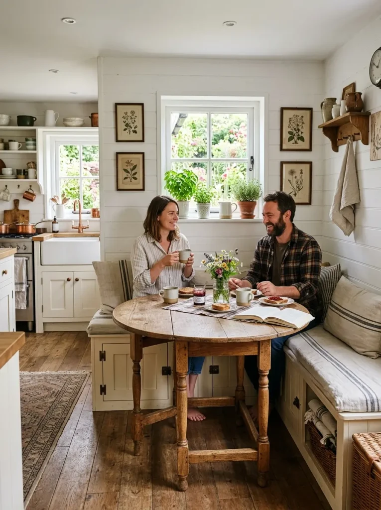 Small farmhouse kitchen with drop-leaf table, bench seating, and multi-use dining setup.