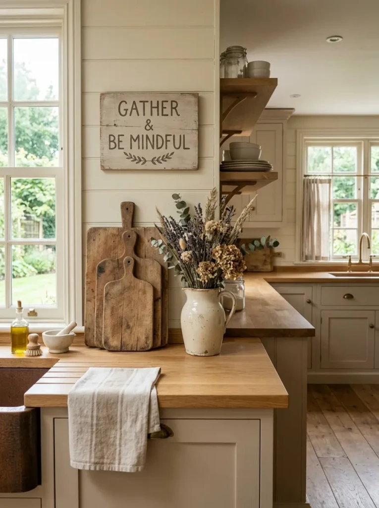 Minimal farmhouse kitchen decor with vintage cutting boards, dried flowers, and clean countertops.