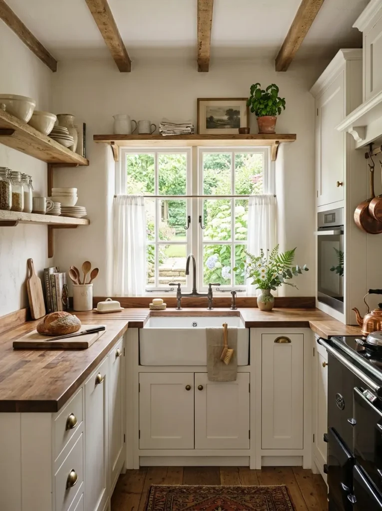Beautiful small farmhouse kitchen hero image with white cabinets, open shelves, and rustic wood textures.