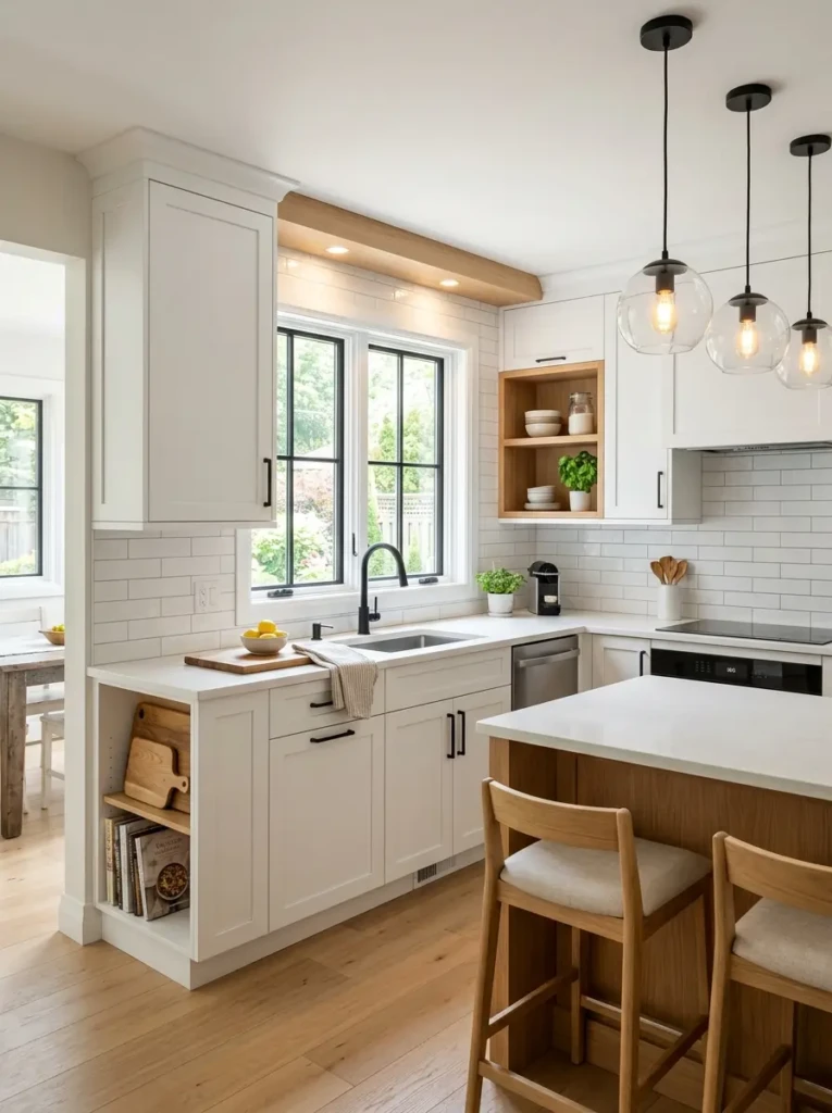 A compact modern farmhouse kitchen with shaker cabinets, black hardware, and clean bright countertops.