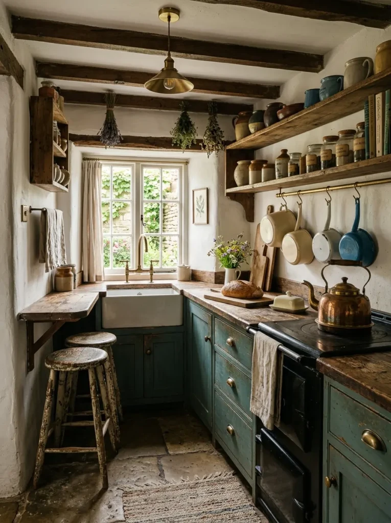 A small old farmhouse kitchen featuring distressed wood stools, vintage accessories, and rustic shelves.