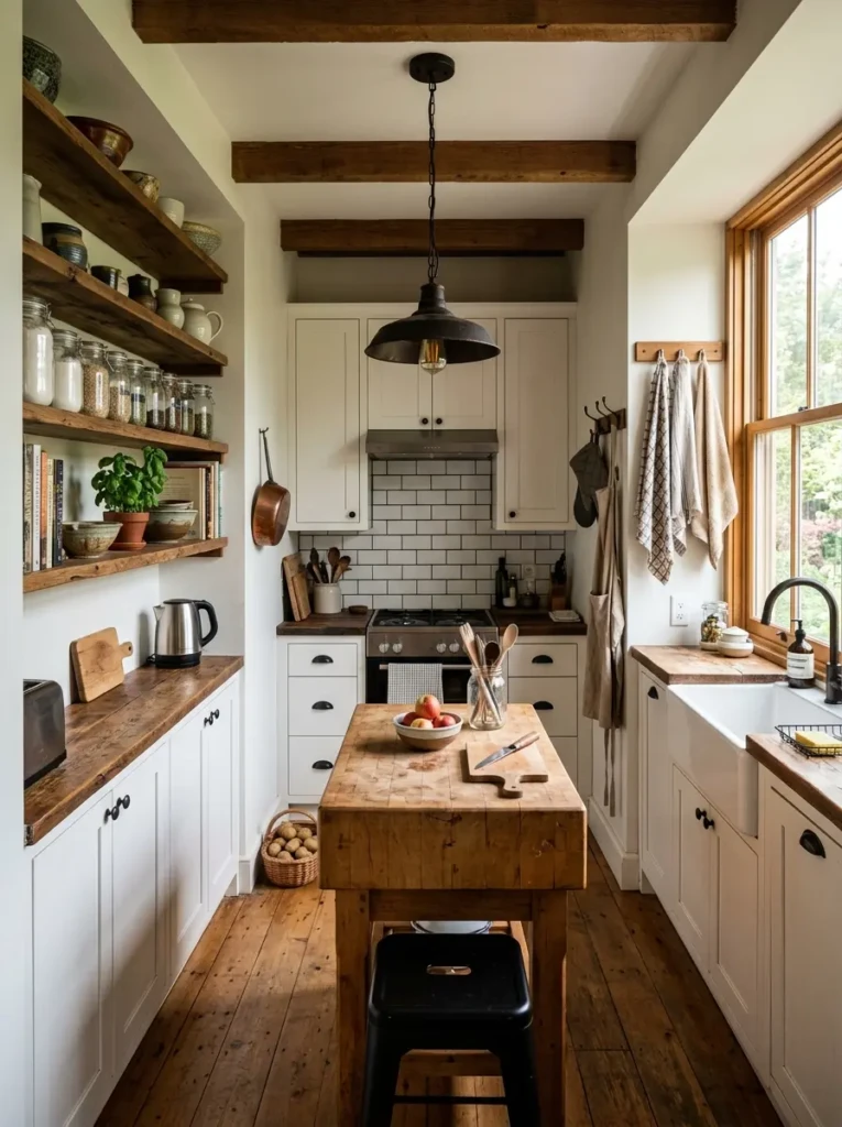 A compact farmhouse kitchen island with butcher block top and built-in storage in a small kitchen.