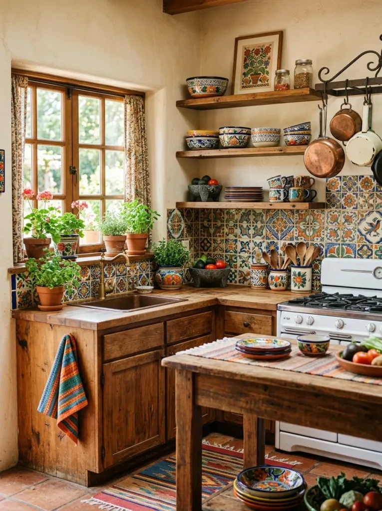 A small farmhouse kitchen decorated with colorful Mexican ceramic bowls, tiles, and terracotta pots.