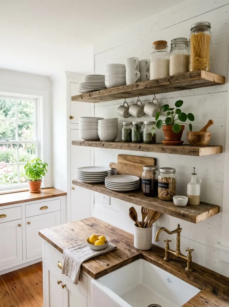 A small farmhouse kitchen with reclaimed wood open shelves holding dishes, mugs, and glass jars.