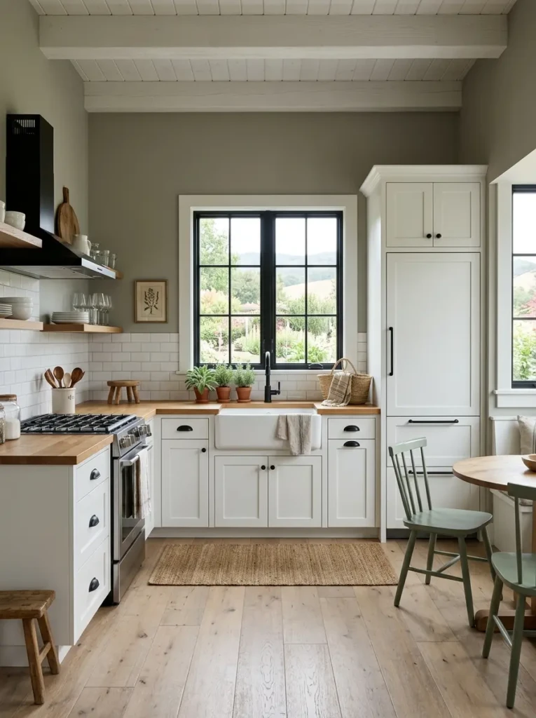 A bright small farmhouse kitchen with white cabinets, sage accents, and spacious light styling.