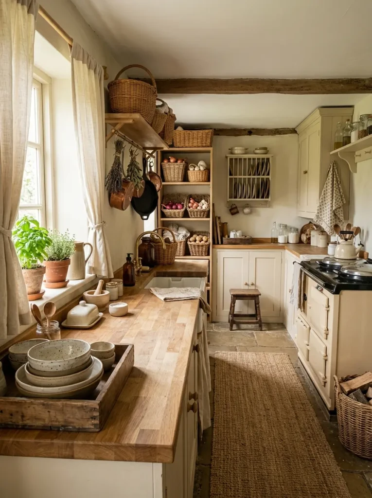 A cozy farmhouse kitchen with woven baskets, linen curtains, ceramic bowls, and wooden trays.