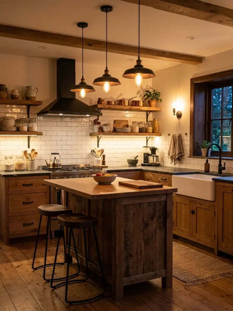 A small farmhouse kitchen with pendant lights, warm under-cabinet lighting, and rustic fixtures.