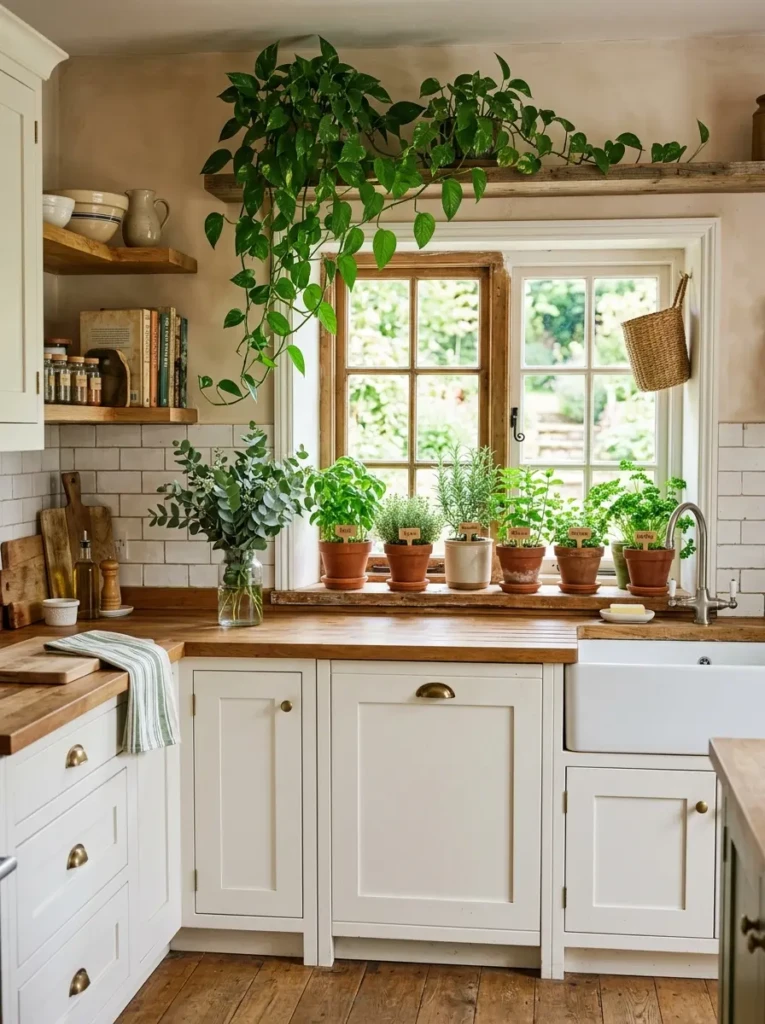 A small farmhouse kitchen with potted herbs, eucalyptus stems, and trailing green plants.