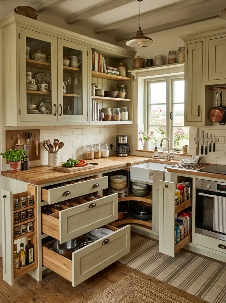 A small farmhouse kitchen with pull-out drawers, corner organizers, and smart shaker cabinetry.