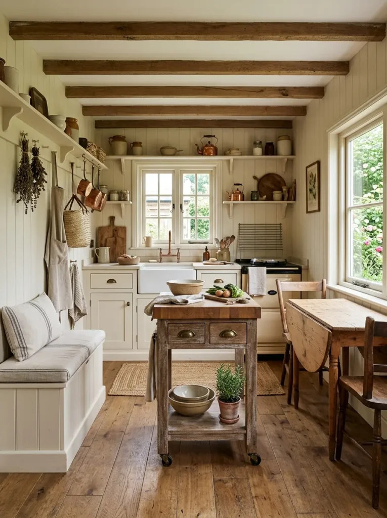 A tiny farmhouse kitchen with rolling island cart, drop-leaf table, and hidden bench storage.