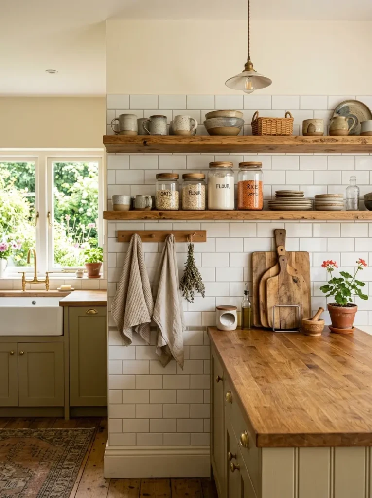 Wooden open shelves styled with bowls, mugs, and glass jars in a modern farmhouse kitchen.