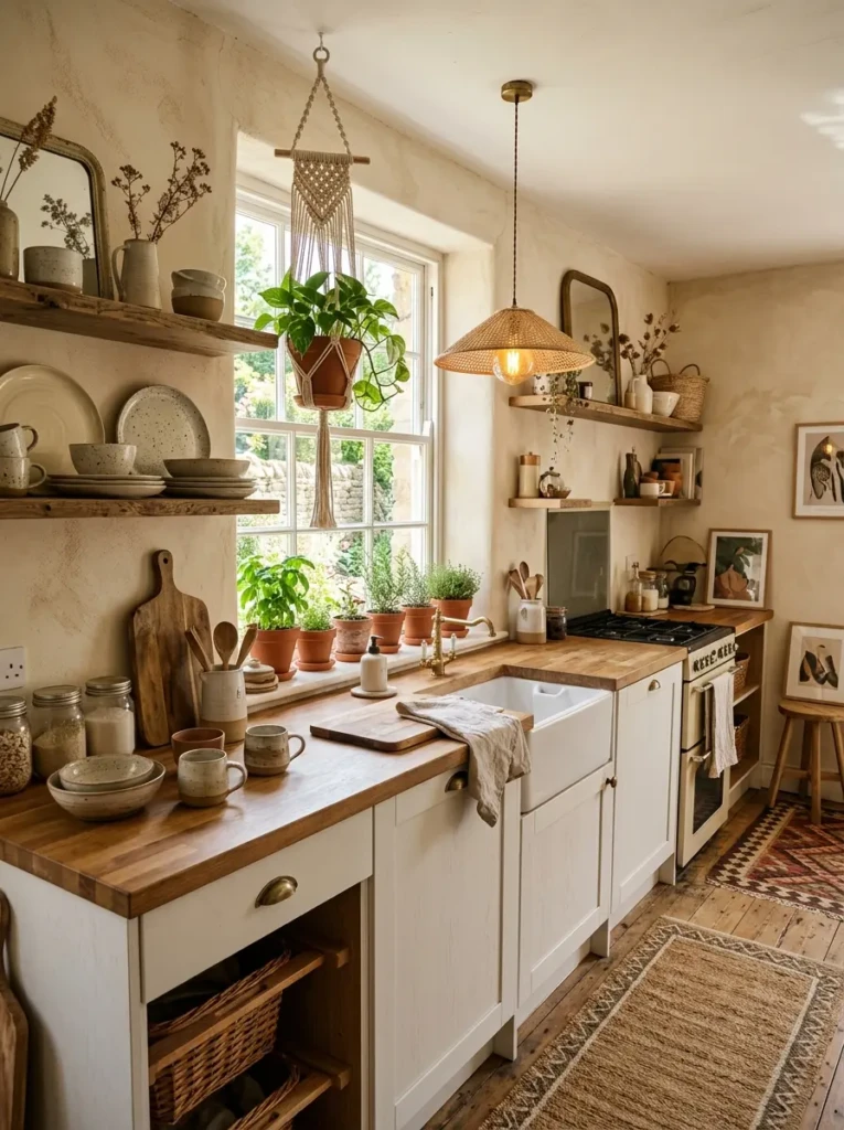 Cozy farmhouse kitchen with boho decor including macrame hangers, terracotta pots, and cane lighting.