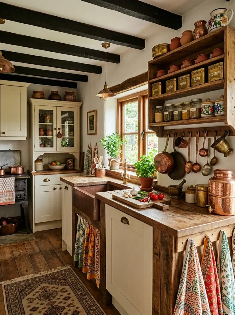 Small farmhouse kitchen featuring brass spice boxes, copper utensils, and traditional Indian decor touches.