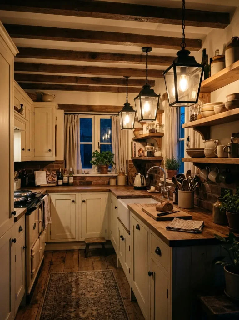 Compact farmhouse kitchen with black lantern pendant lights and warm ambient evening lighting.