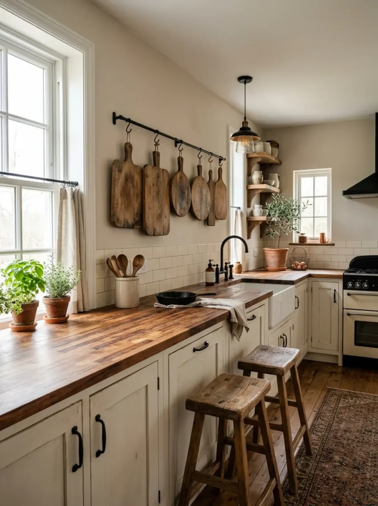 Cozy small farmhouse kitchen featuring butcher block counters, oak stools, and wooden cutting boards.