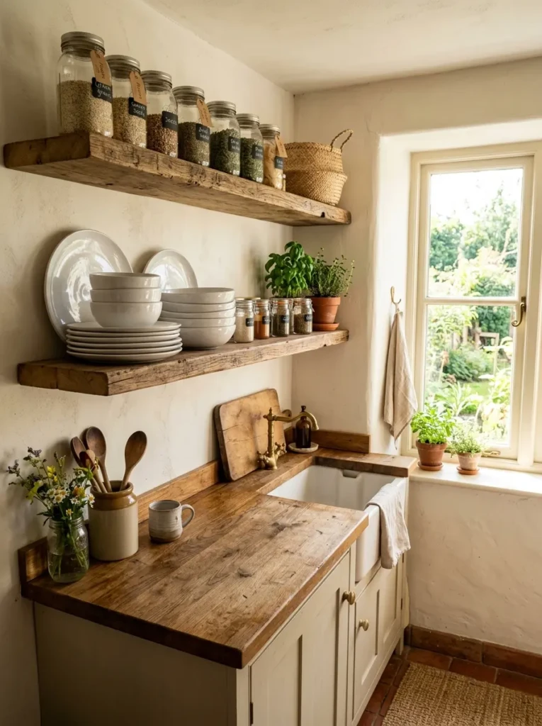 Tiny farmhouse kitchen with reclaimed wood open shelves, white dishes, mason jars, and woven baskets.