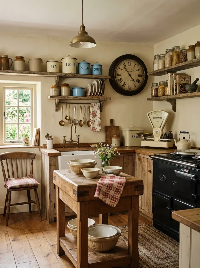 Farmhouse small kitchen styled with antique wall clock, enamel containers, and vintage brass utensils.