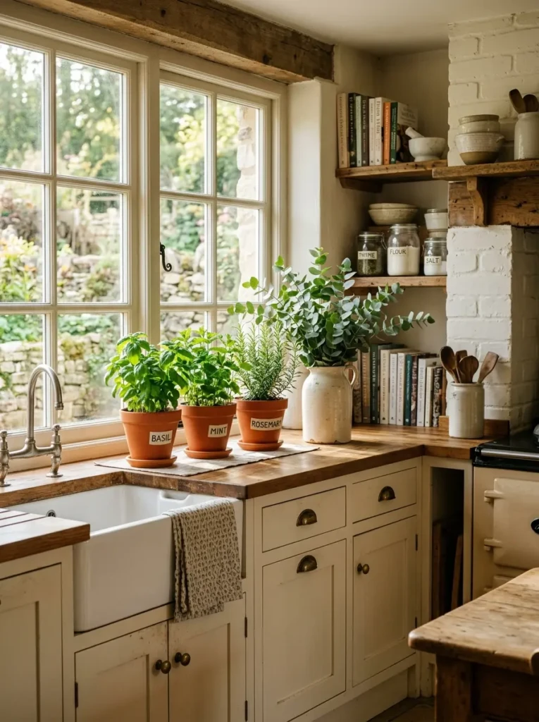 Farmhouse small kitchen with fresh herb pots near window and eucalyptus in ceramic vase.