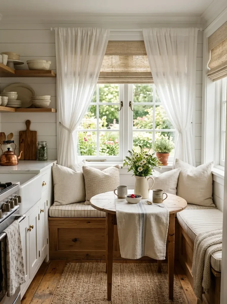 Linen curtains, striped cushions, and cotton runners adding texture to a small white farmhouse kitchen.