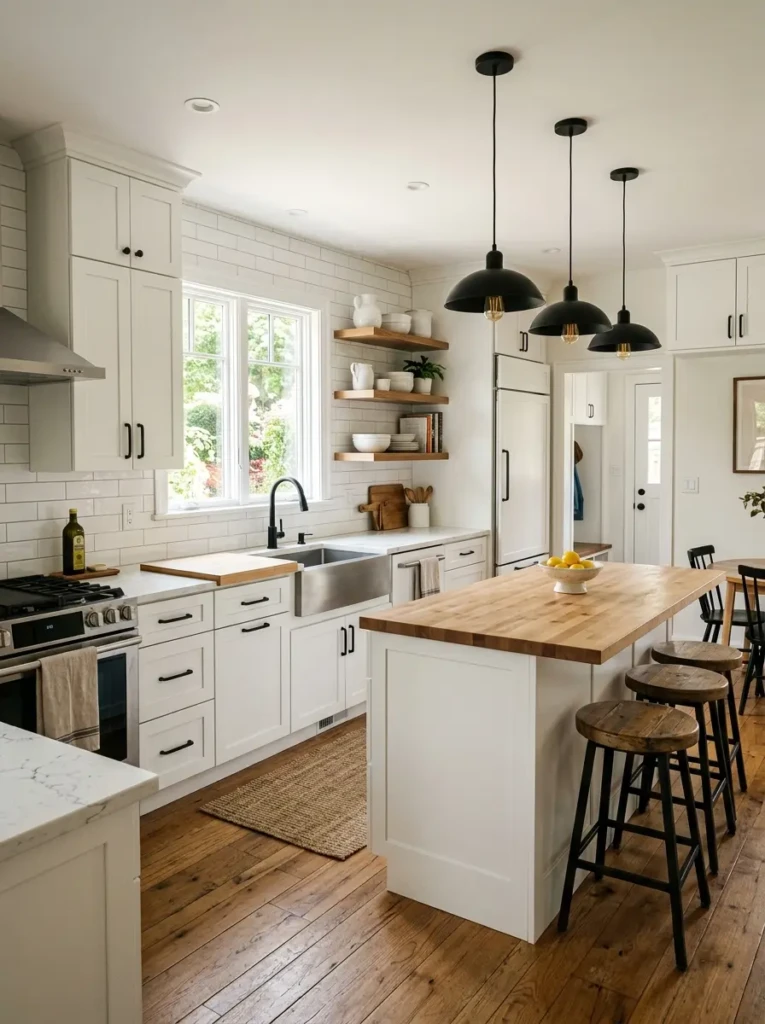 A modern farmhouse kitchen with white cabinets, black hardware, minimalist pendant lights, and rustic wood seating.